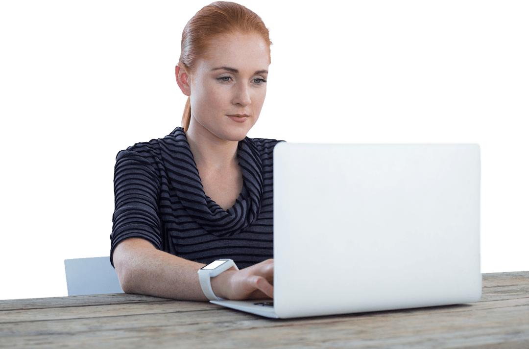 Focused Businesswoman Using Laptop on Rustic Wooden Table Transparent