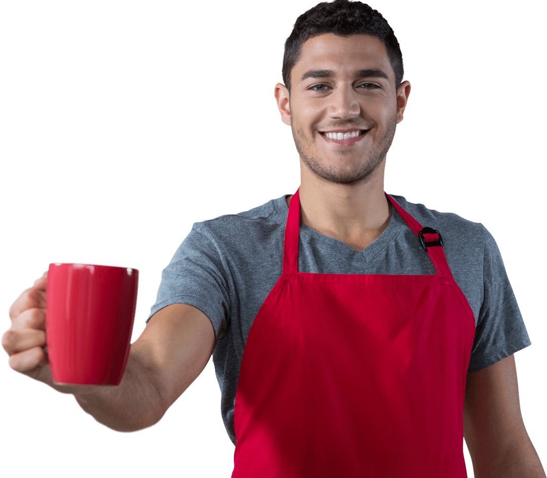 Smiling Waiter Presenting Red Coffee Mug on Transparent Background