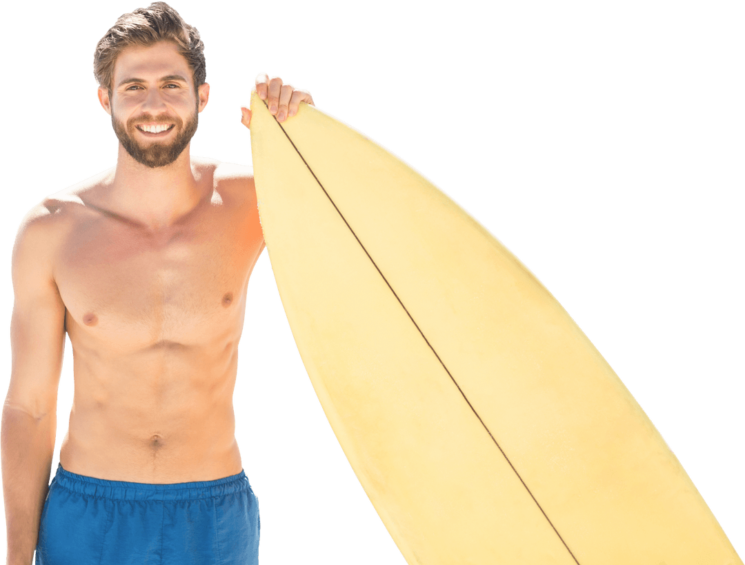Smiling Man Holding Surfboard On Transparent Background