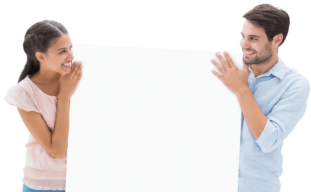 Attractive Couple Smiling Holding Blank Poster with Transparent Background
