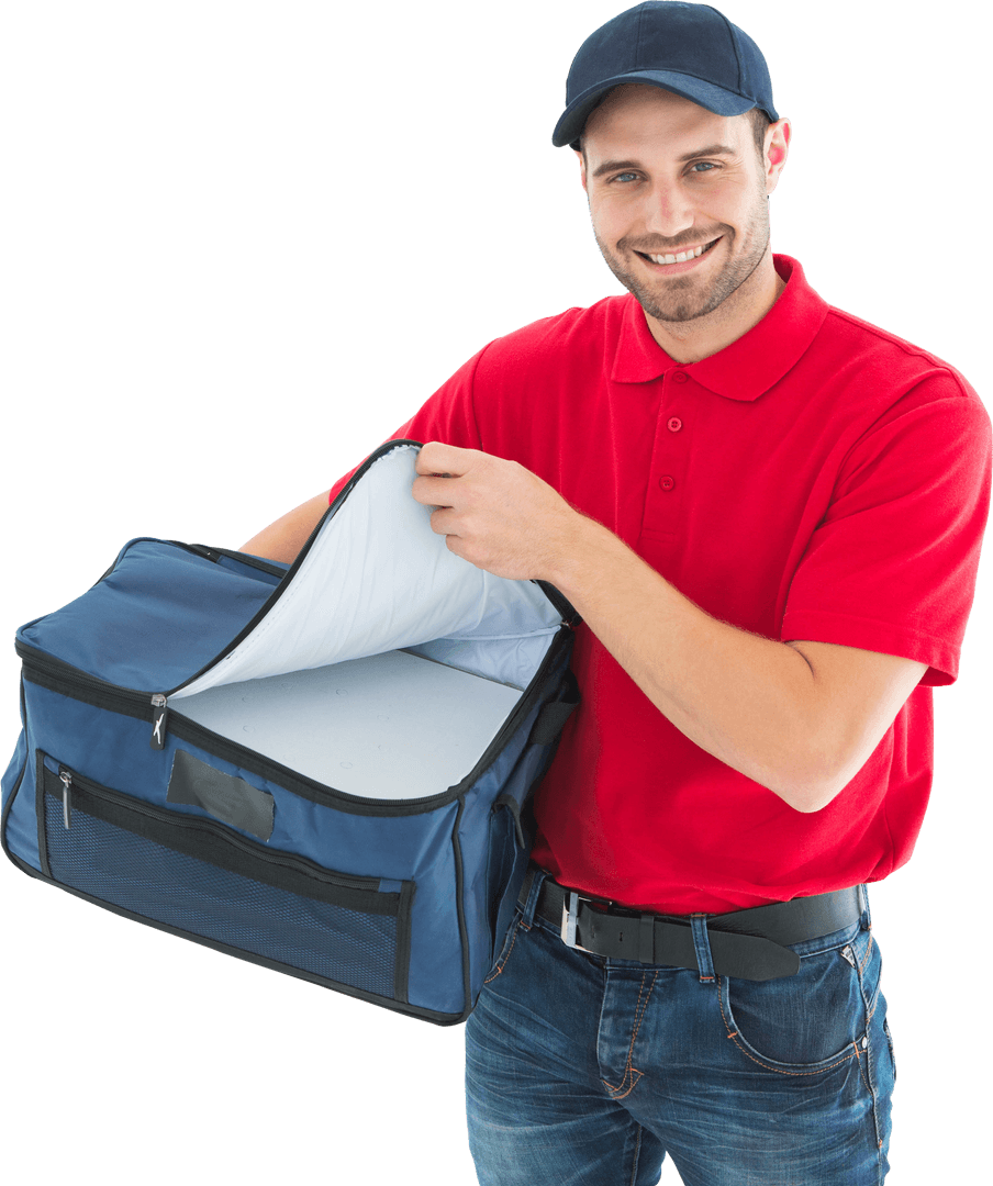 Transparent Close-up of Smiling Courier with Insulated Bag