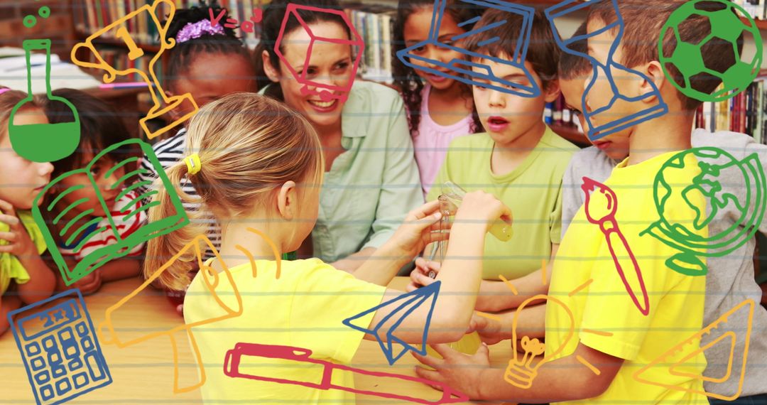 Children Collaborating with Teacher Surrounded by Education Icons