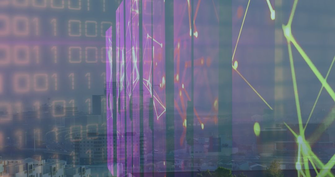 Cityscape with Digital Binary Code and Abstract Shapes Overlay