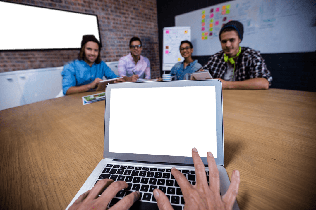 Transparent Office Meeting With Laptop Focus and Team Collaboration