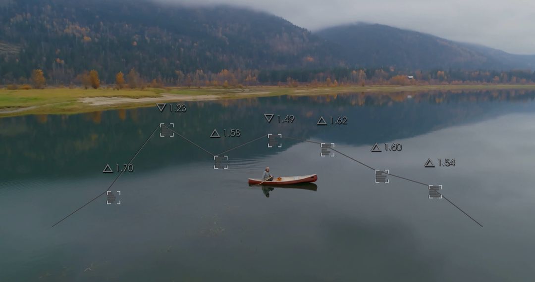 Lone Kayaker Admires Tranquil Lake with Digital Measurement Display