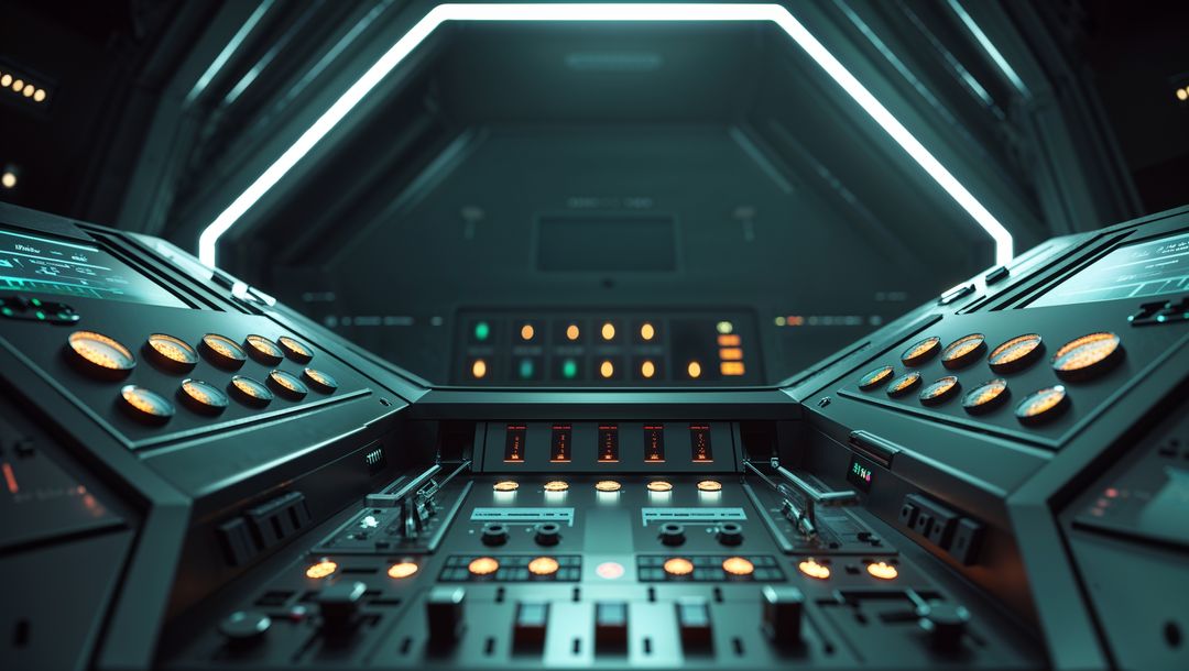 Futuristic Control Room with LED Lit Console Interface