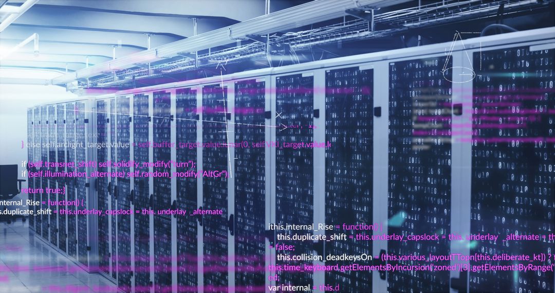 High-Tech Server Room with Futuristic Digital Overlay