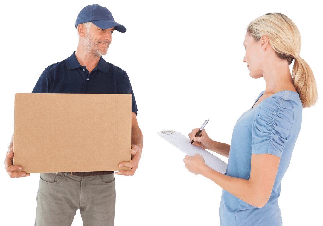 Happy Blonde Signing for Delivery with Courier on Transparent Background