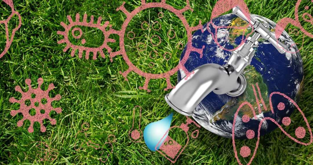 Eco-Friendly Concept with Earth, Water Faucet, and Microbe Sketches