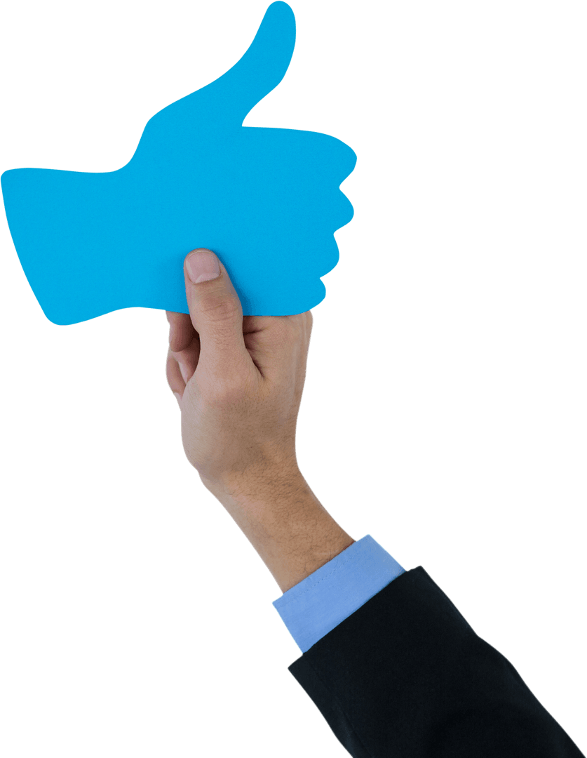 Businessman Holding Blue Thumbs Up Sign with Transparent Background