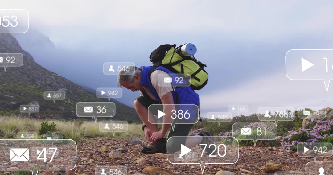 Hiker Exploring Nature with Social Media Icons Overlay