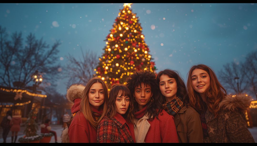 Group of Friends Celebrating in Town Square with Illuminated Christmas Tree