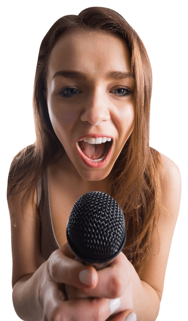 Energetic Young Woman Singing with Passion against White Background