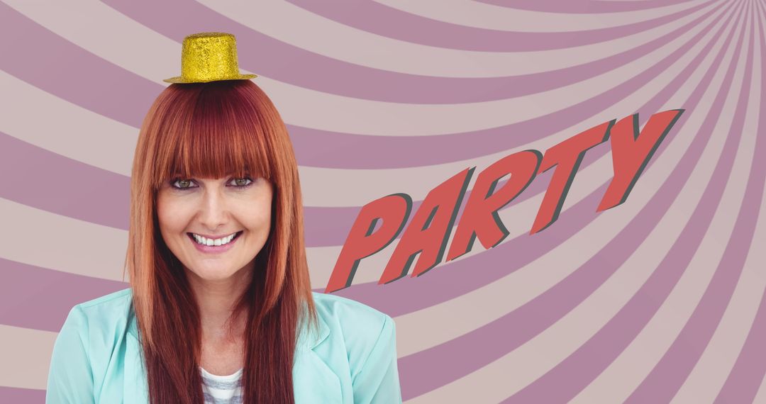 Joyful Woman with Party Hat and 'PARTY' Text Art