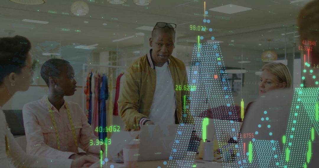 Digital Data Overlay with Diverse Team in Office Discussion