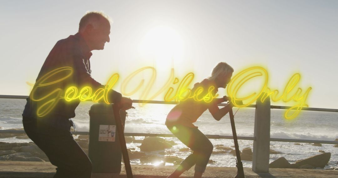 Senior Couple Embracing Good Vibes with Coastal Exercise