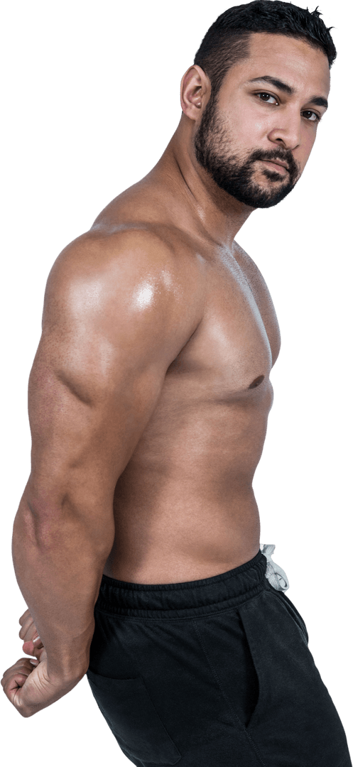 Muscular Transparent Shirtless Man Flexing Biceps Viewed Sideways