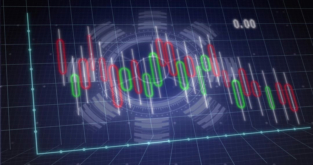 Neon 3D Candlestick Chart Visualizing Cryptocurrency Trading on Futuristic HUD Interface