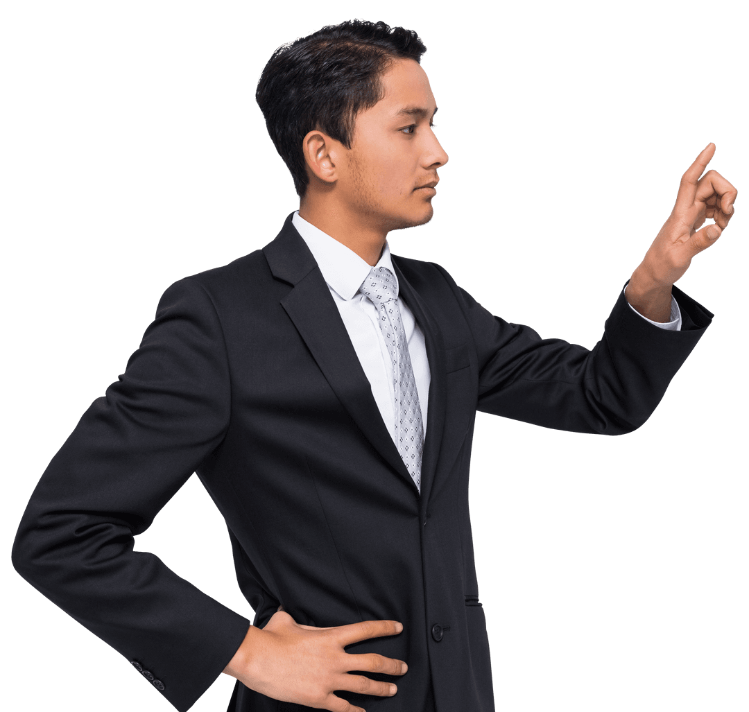 Transparent Figure of Asian Businessman Pointing Forward