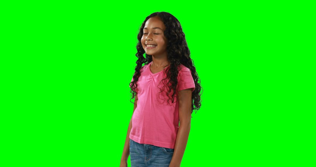 Smiling Girl with Long Curly Hair on Green Screen - Free Images, Stock Photos and Pictures on Pikwizard.com