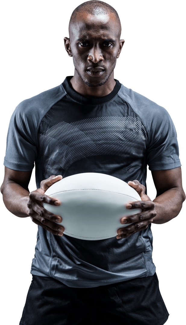 Serious Rugby Player Holding Ball with Transparent Background
