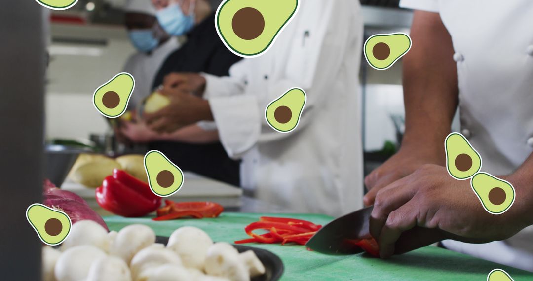 Diverse Chefs Preparing Fresh Ingredients with Avocado Overlay