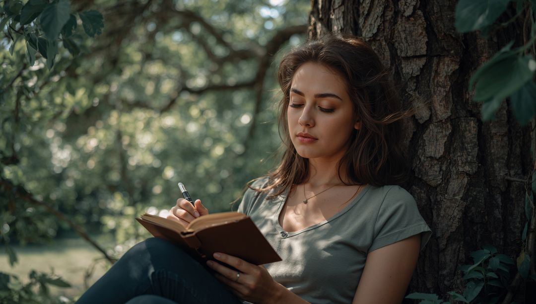 Young woman writing in leather notebook under tree, relaxing and reflecting in sunlit woods