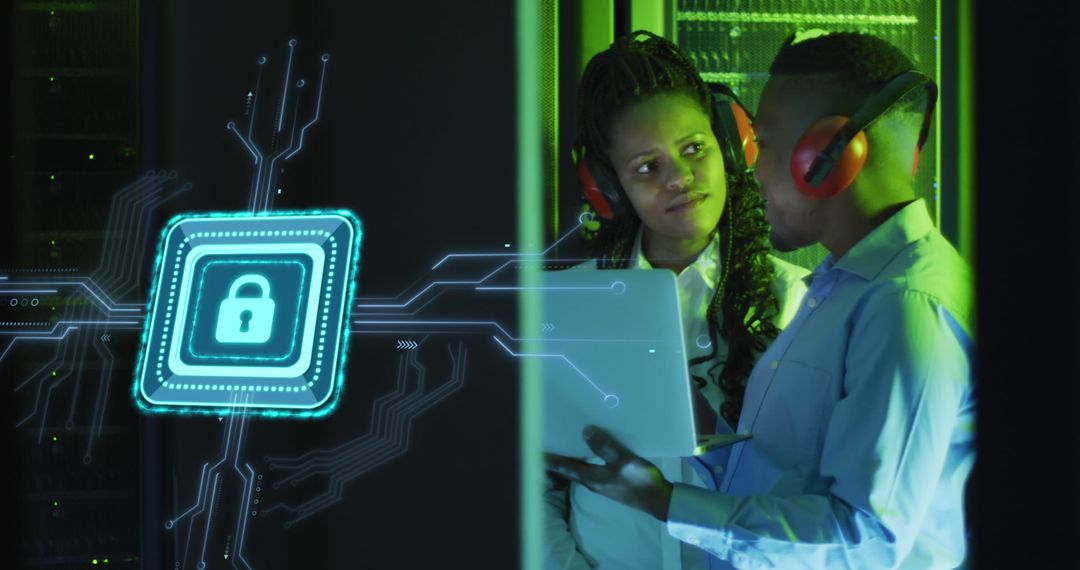 Cybersecurity Experts Discussing Data Protection in Server Room