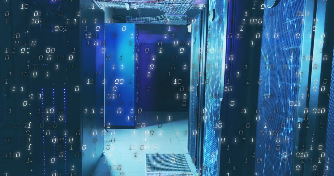 Futuristic Binary Code Overlaying Modern Server Room in Blue Hue