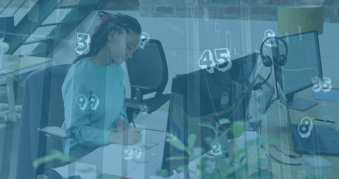 Financial Analyst Working in Modern Office Over Transparent Data Interface