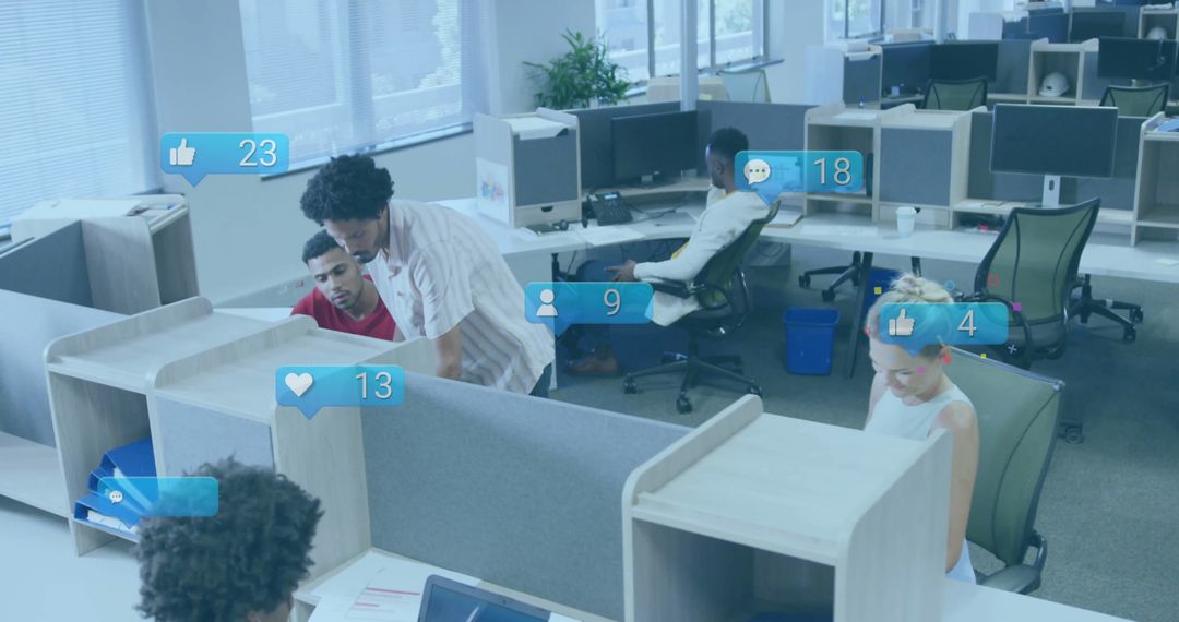 Diverse Team in Modern Office with Social Media Icons Overlay