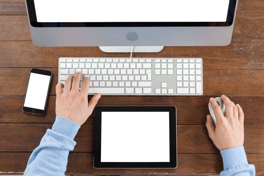 Man Using Computer on Wooden Table in Transparent Workspace - Download Free Stock Images Pikwizard.com