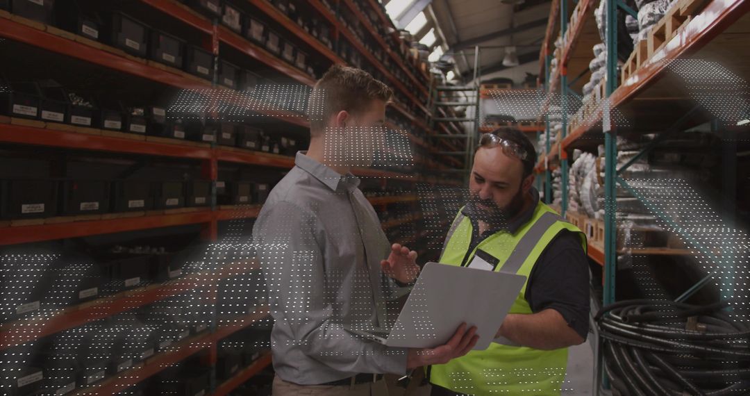 Warehouse supervisor and technician inspecting inventory with tablet in distribution aisle