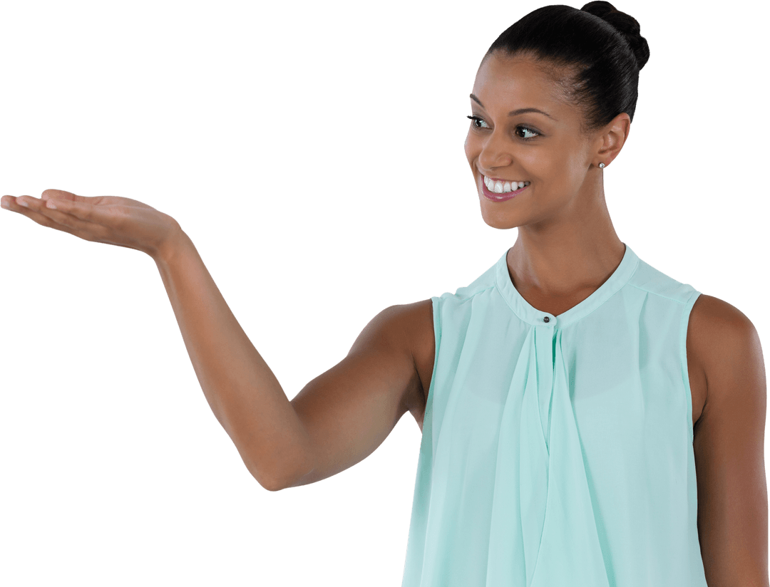Smiling Businesswoman Transparently Presenting Gesture