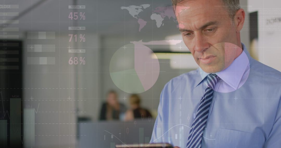 Businessman Analyzing Financial Data with Digital Overlay in Office Setting