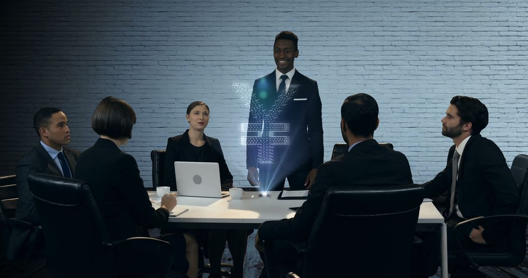 Business Team Discussing Holographic Project in Modern Office