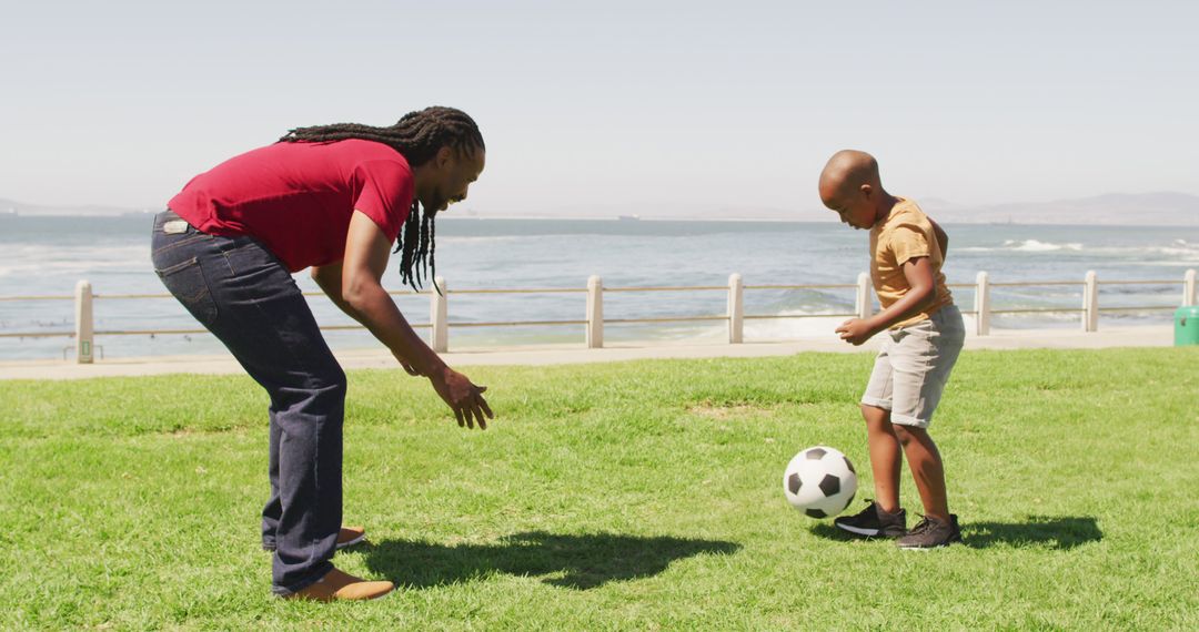 Father and Son Playing Soccer in Park by Ocean - Free Images, Stock Photos and Pictures on Pikwizard.com