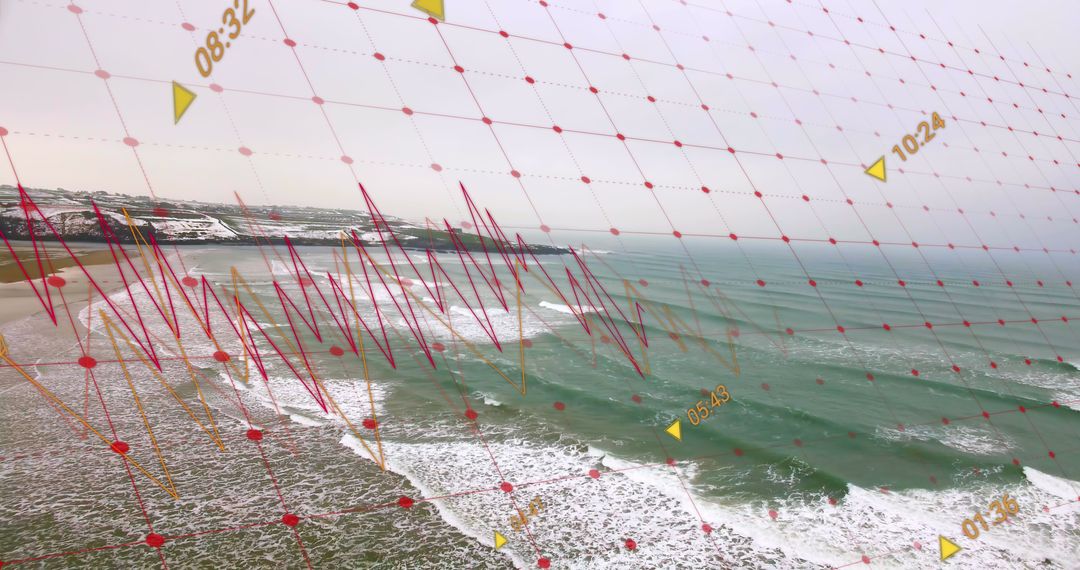 Digital Data Visualization over Ocean Beach Landscape