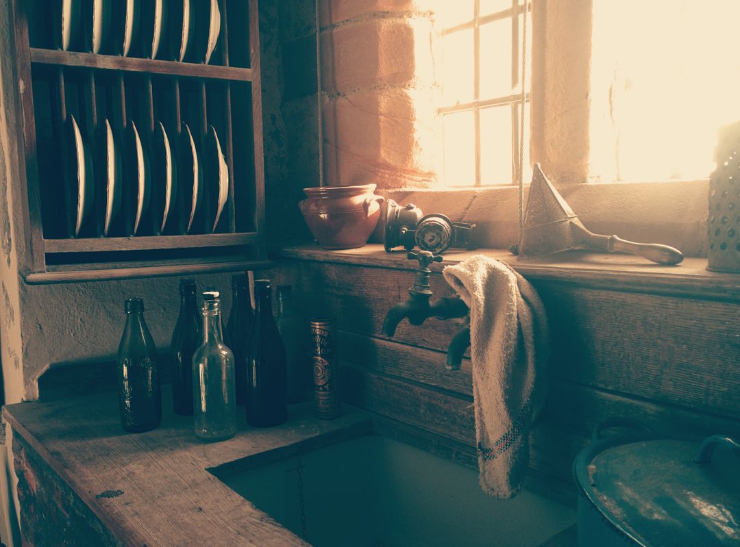 Vintage Kitchen Interior with Sunlit Window and Classic Utensils - Free Images, Stock Photos and Pictures on Pikwizard.com