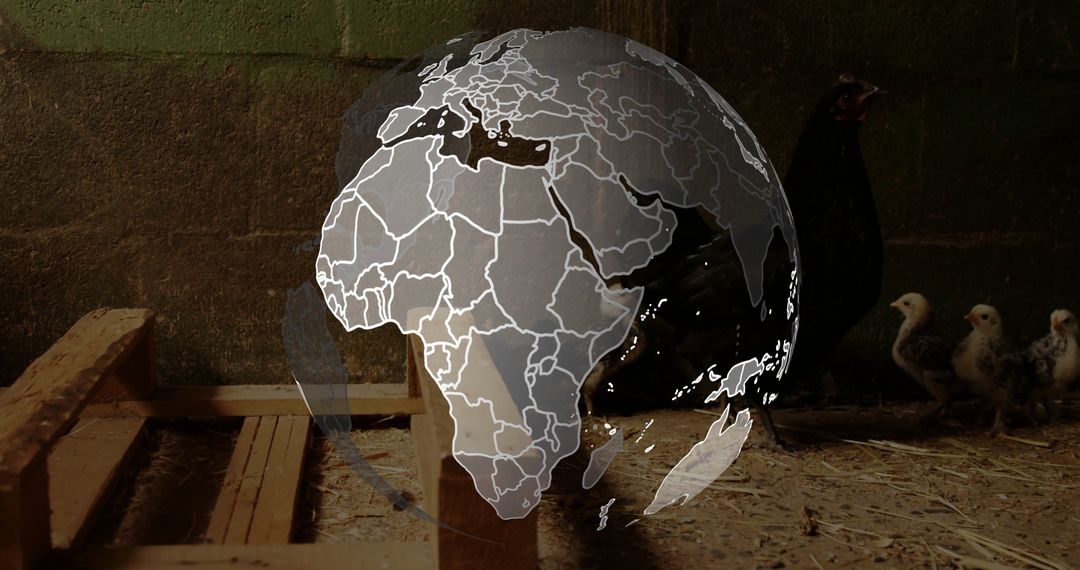 Transparent Globe Overlay on Rustic Chicken Coop Scene