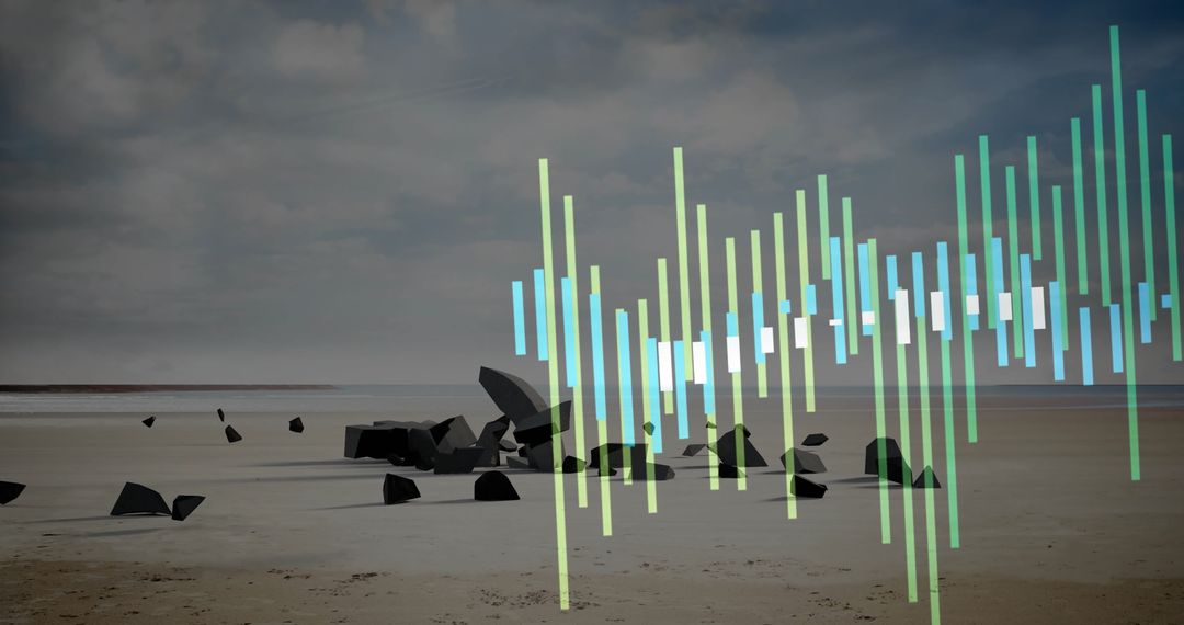 Translucent Audio Waveform on Serene Beach Landscape with Rocks