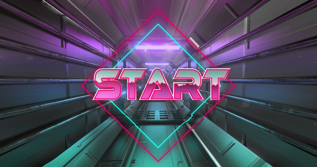Retro Neon Start Text in Futuristic Digital Tunnel