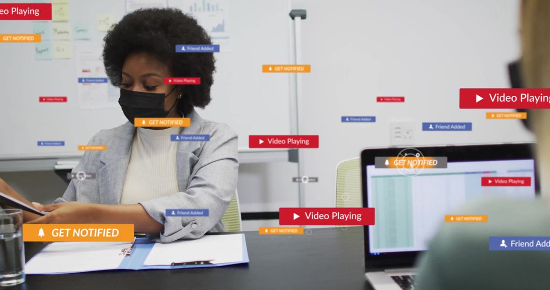 Professional Woman Focusing on Work in Modern Office with Digital Elements