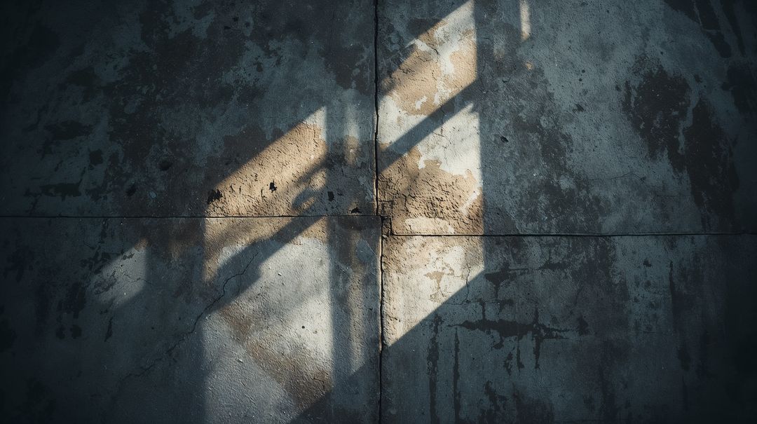 Sunlit Worn Concrete Wall with Geometric Window-Frame Shadow, Weathered Plaster and Cracks