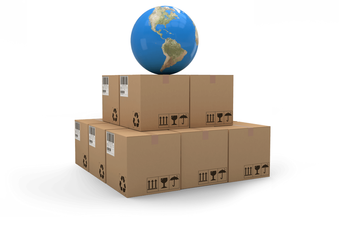 Global Logistics Concept with Earth and Cardboard Boxes on Transparent Background