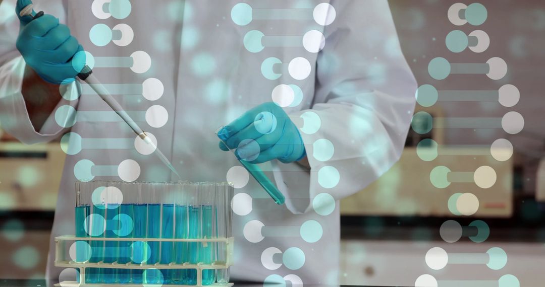 Scientist Conducting Research with DNA Sequence Overlay