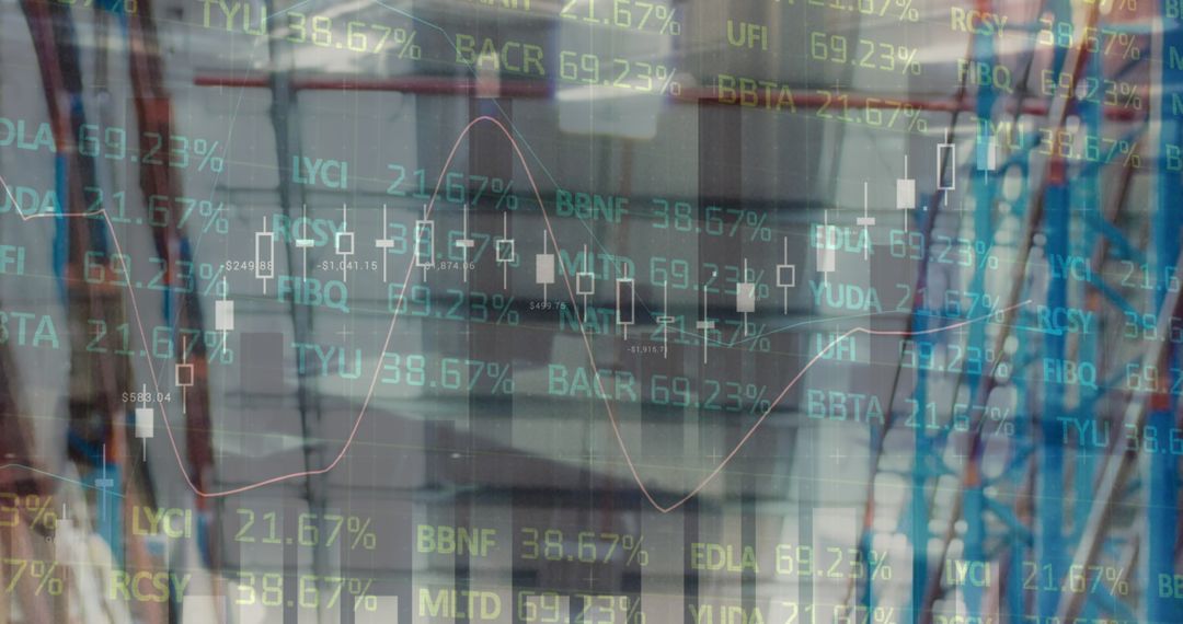 Digital Stock Market Graphs Overlay Empty Warehouse Interior