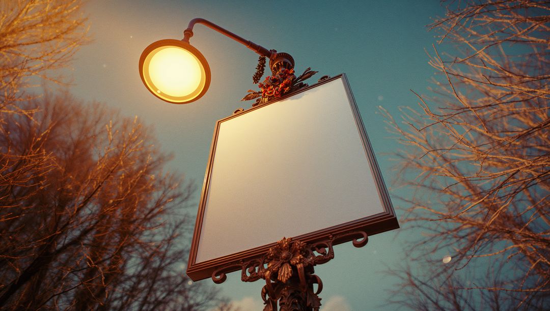 Vintage Street Lamp with Blank Signboard in Evening Park