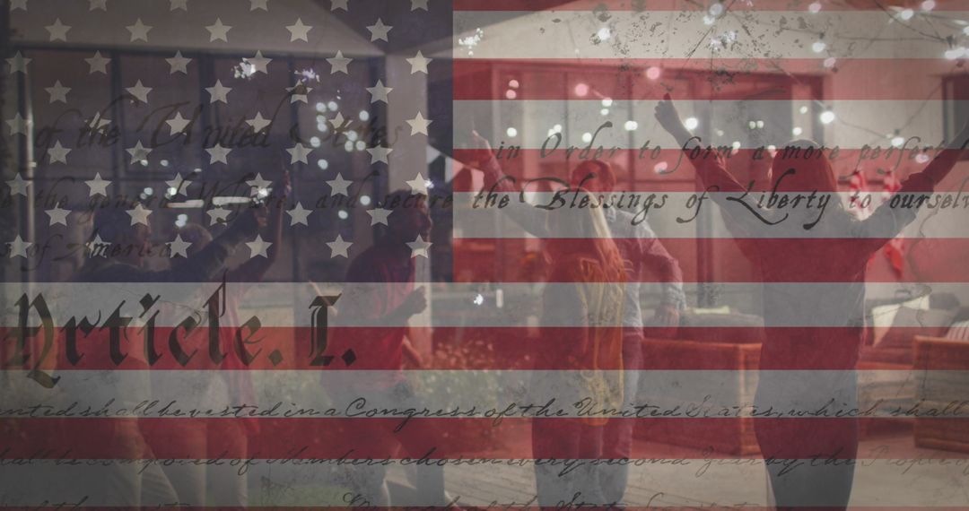 America Flag Overlay with Friends Celebrating with Sparklers