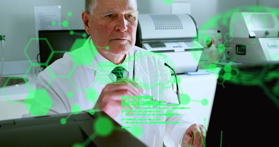 Scientist Engaged in Digital Data Analysis with Futuristic Interfaces